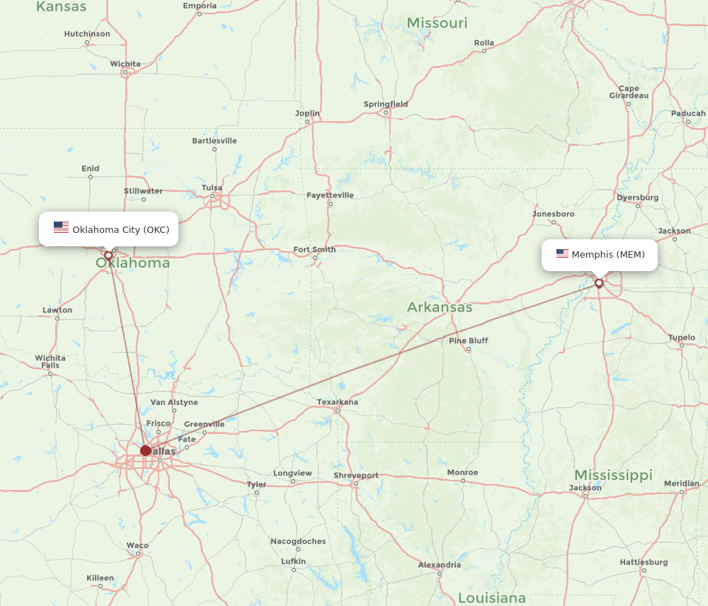 MEM to OKC flights and routes map