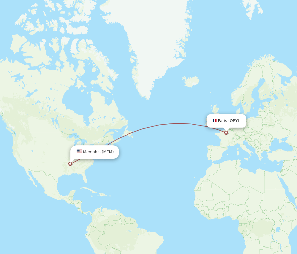 Memphis - Paris route map and flight paths