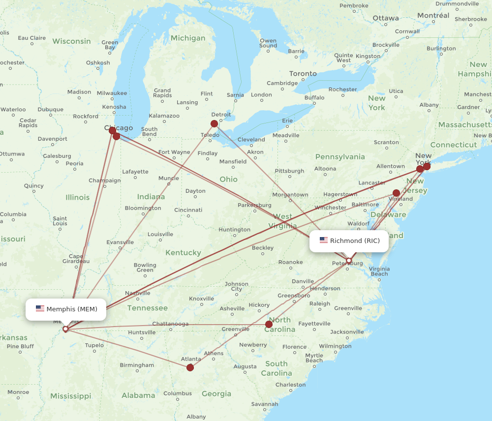 MEM to RIC flights and routes map