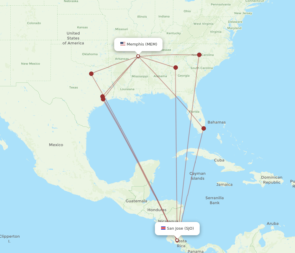 MEM to SJO flights and routes map