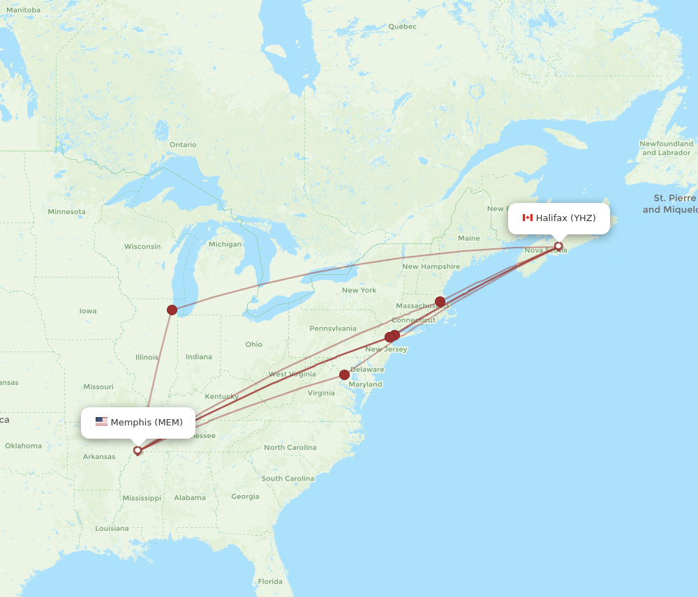 Halifax - Memphis route map and flight paths