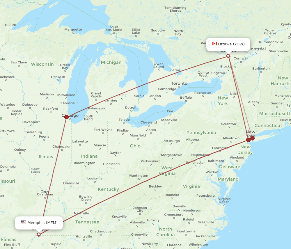 MEM to YOW flights and routes map