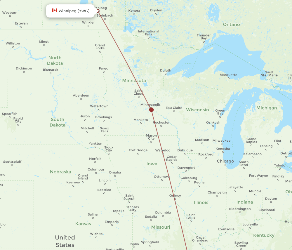 Winnipeg - Memphis route map and flight paths