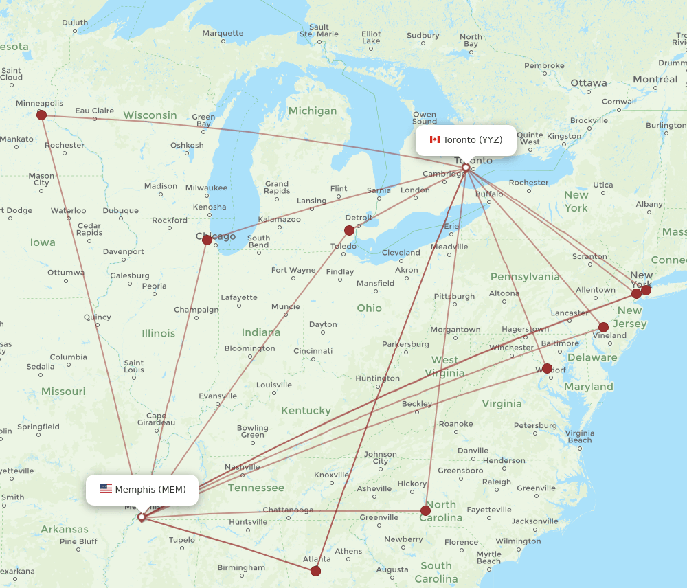 Toronto - Memphis route map and flight paths