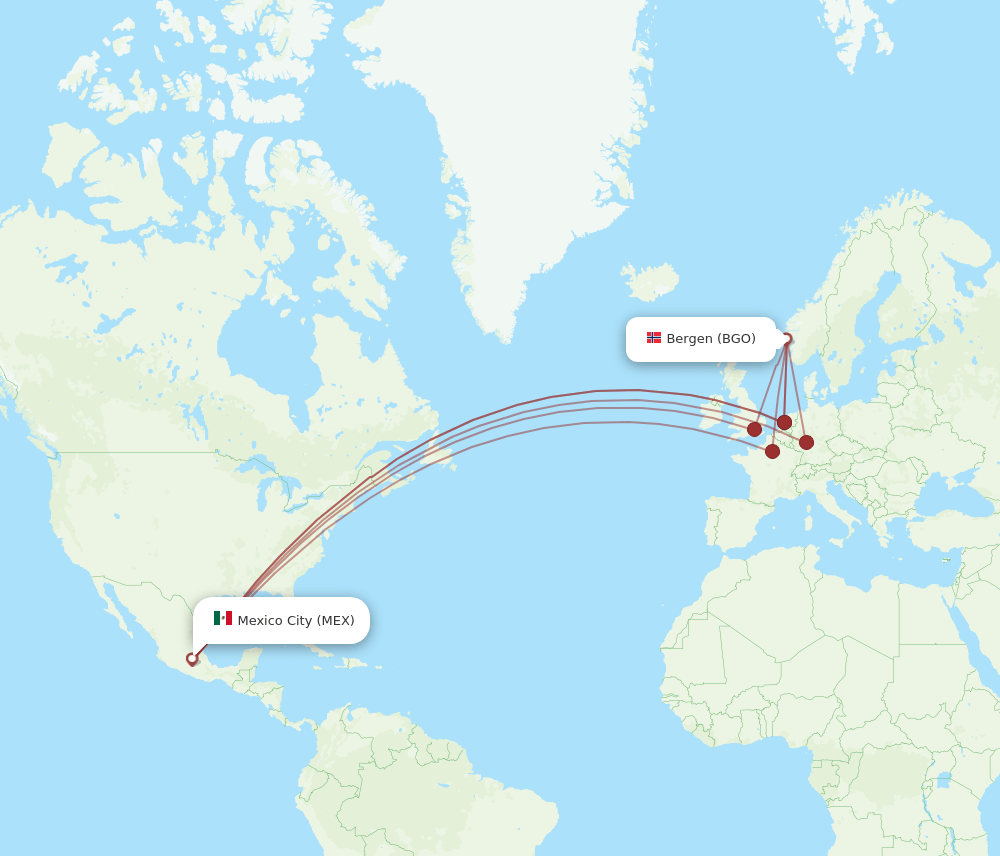 MEX to BGO flights and routes map