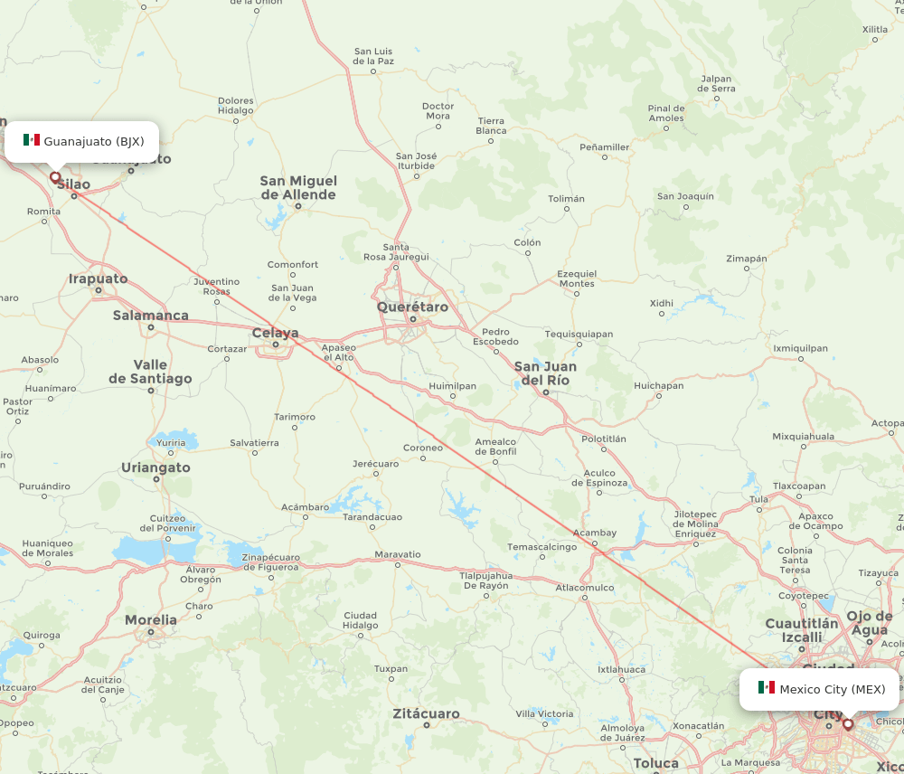 Mexico City - Leon/Guanajuato route map and flight paths