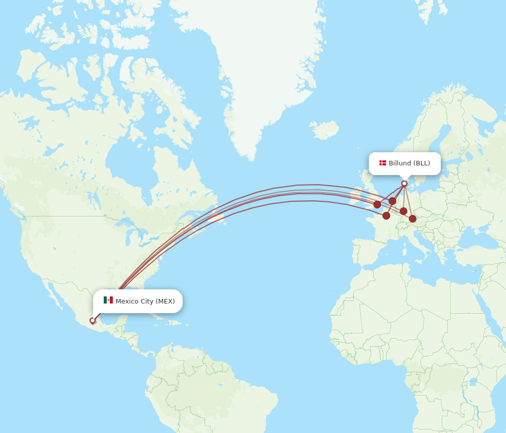 MEX to BLL flights and routes map