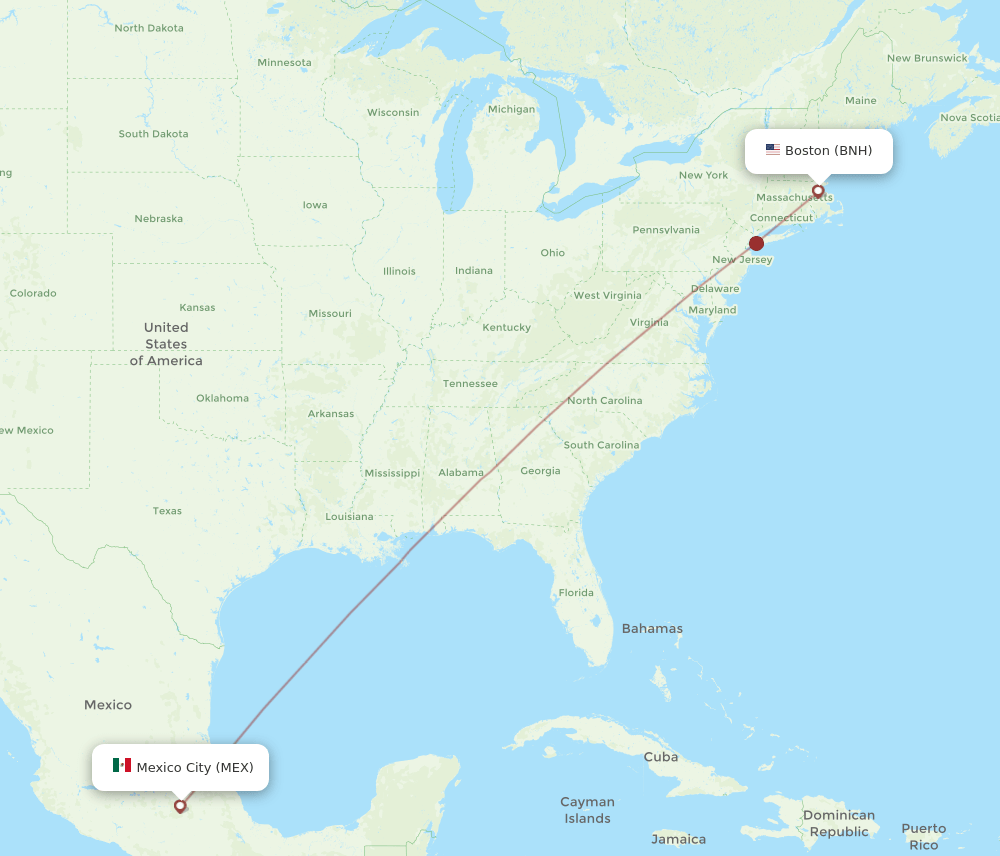 Mexico City - Boston route map and flight paths