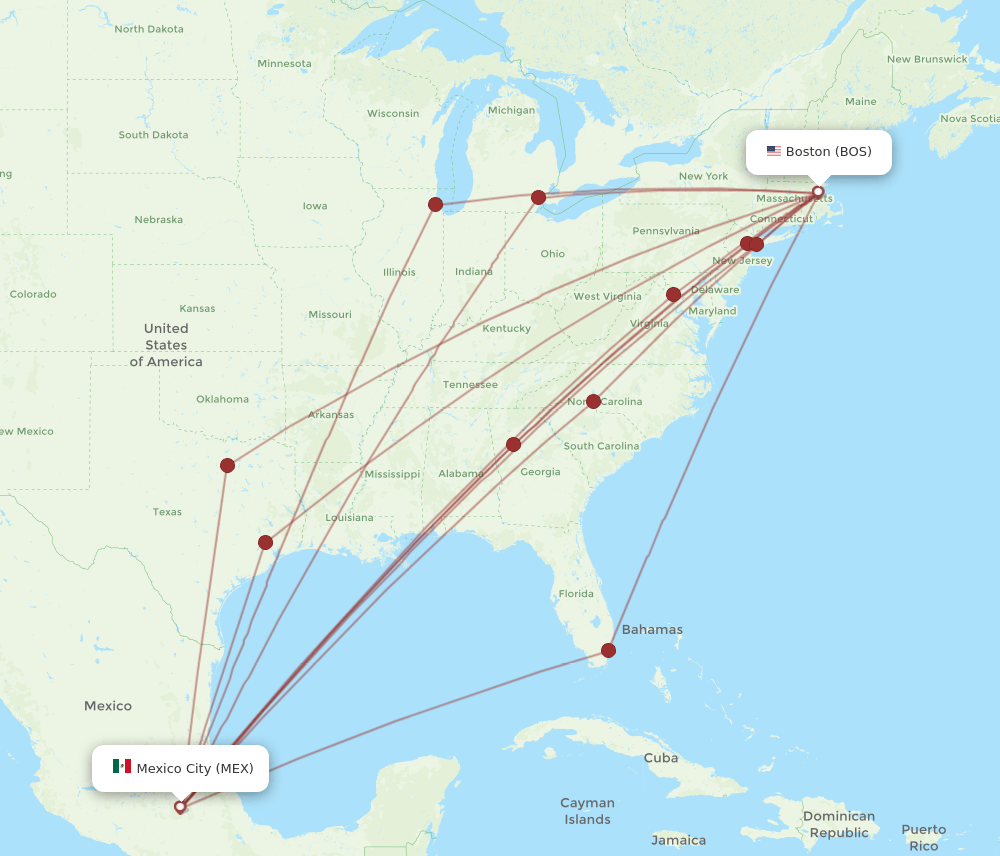 MEX to BOS flights and routes map