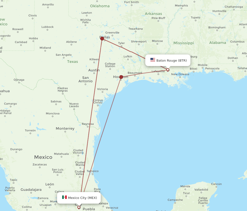 MEX to BTR flights and routes map