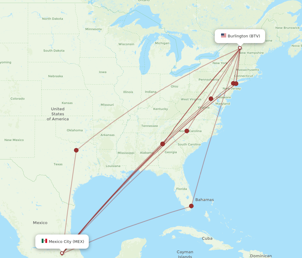MEX-BTV flight routes