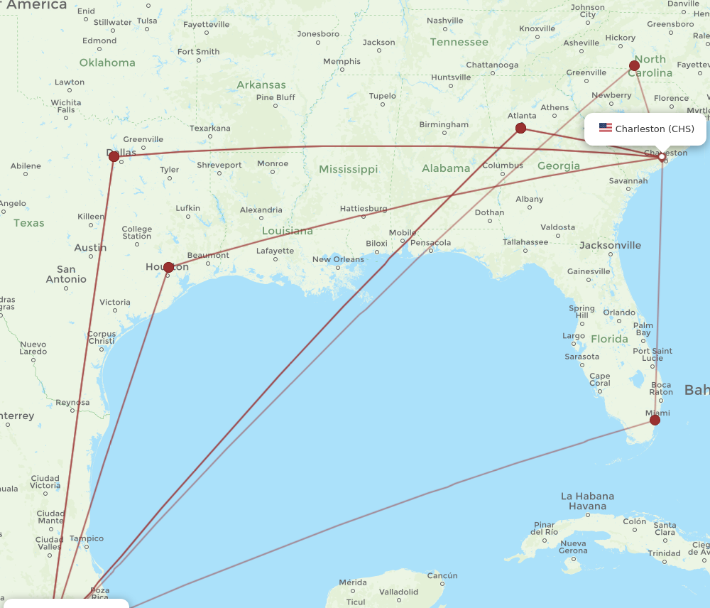 MEX to CHS flights and routes map