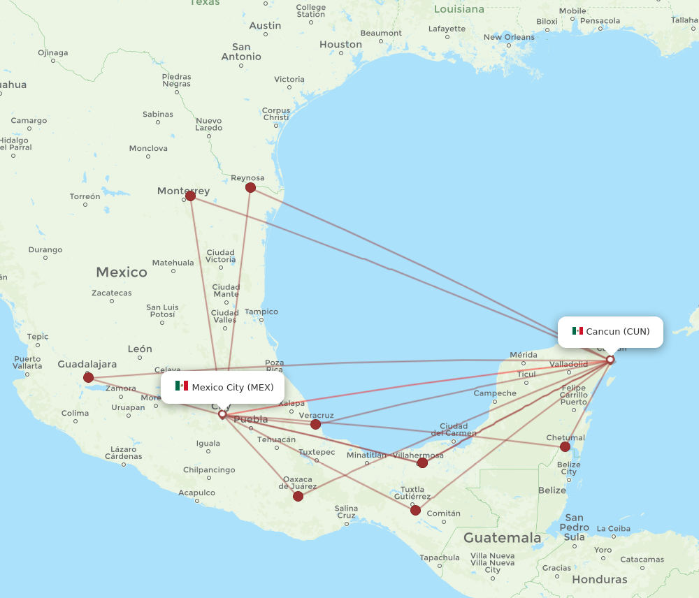 MEX to CUN flights and routes map