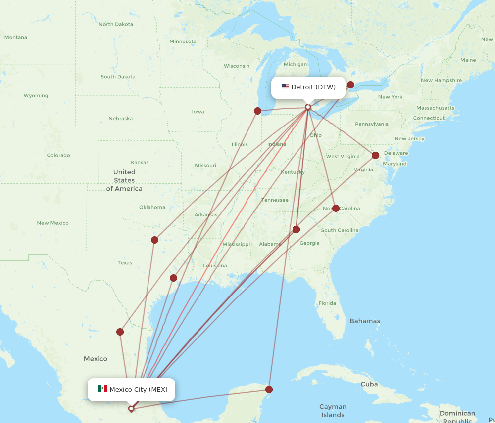 MEX to DTW flights and routes map