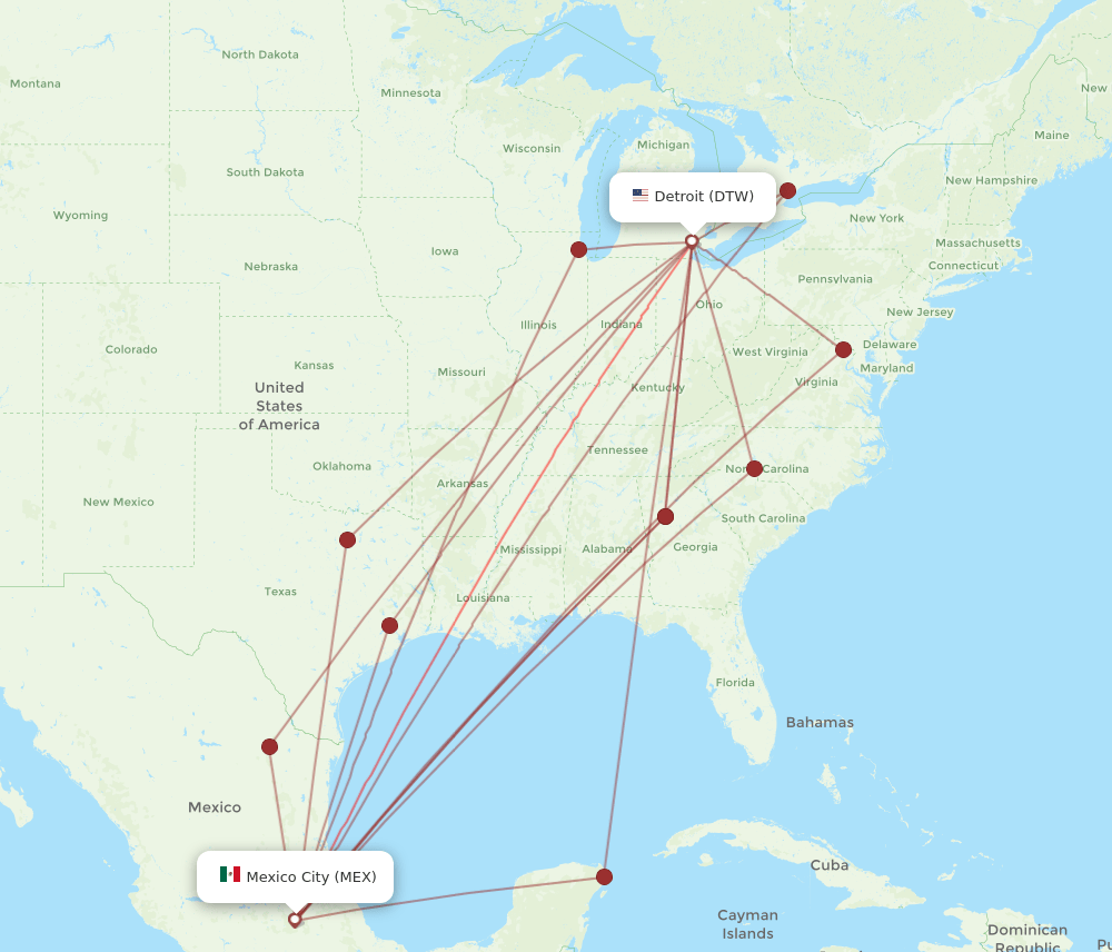 MEX to DTW flights and routes map