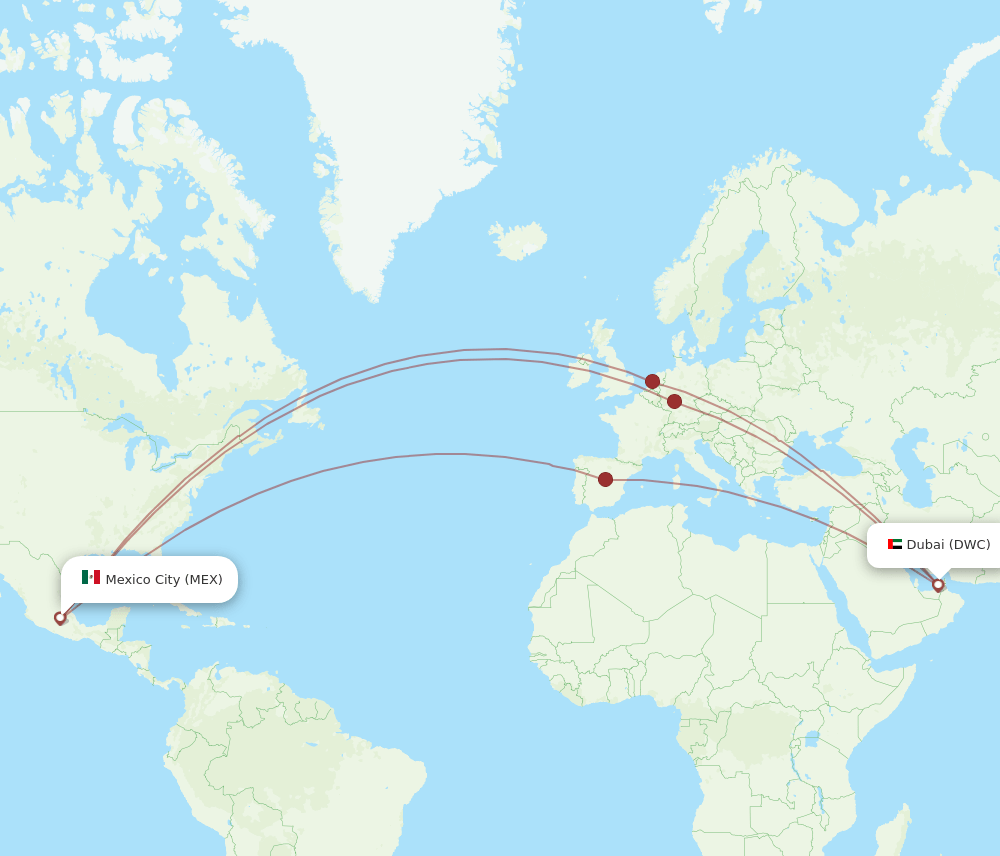 Mexico City - Dubai route map and flight paths