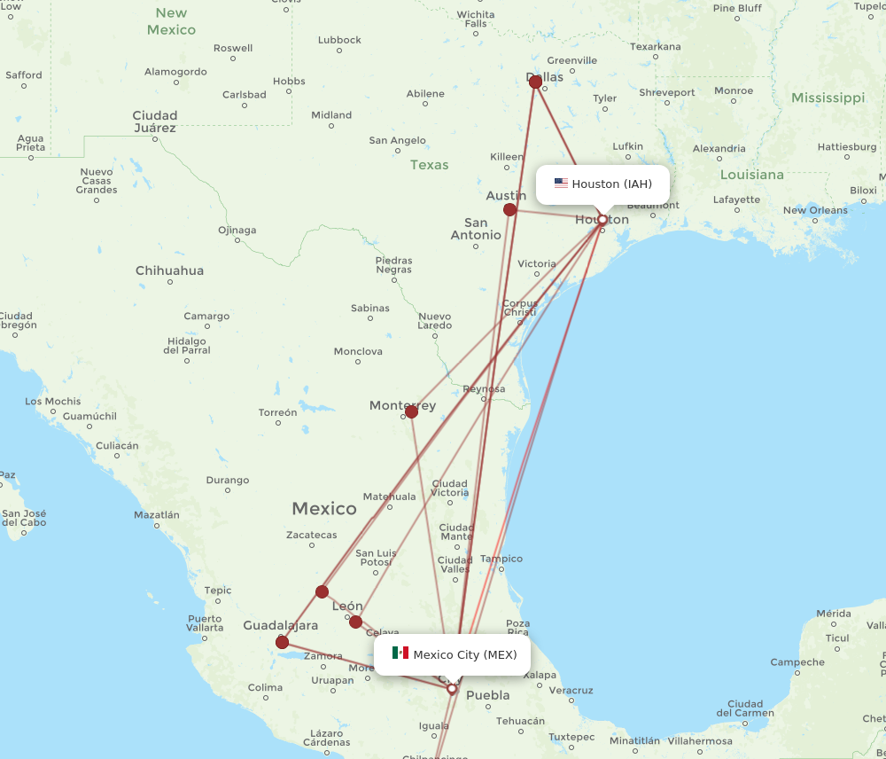 MEX to IAH flights and routes map