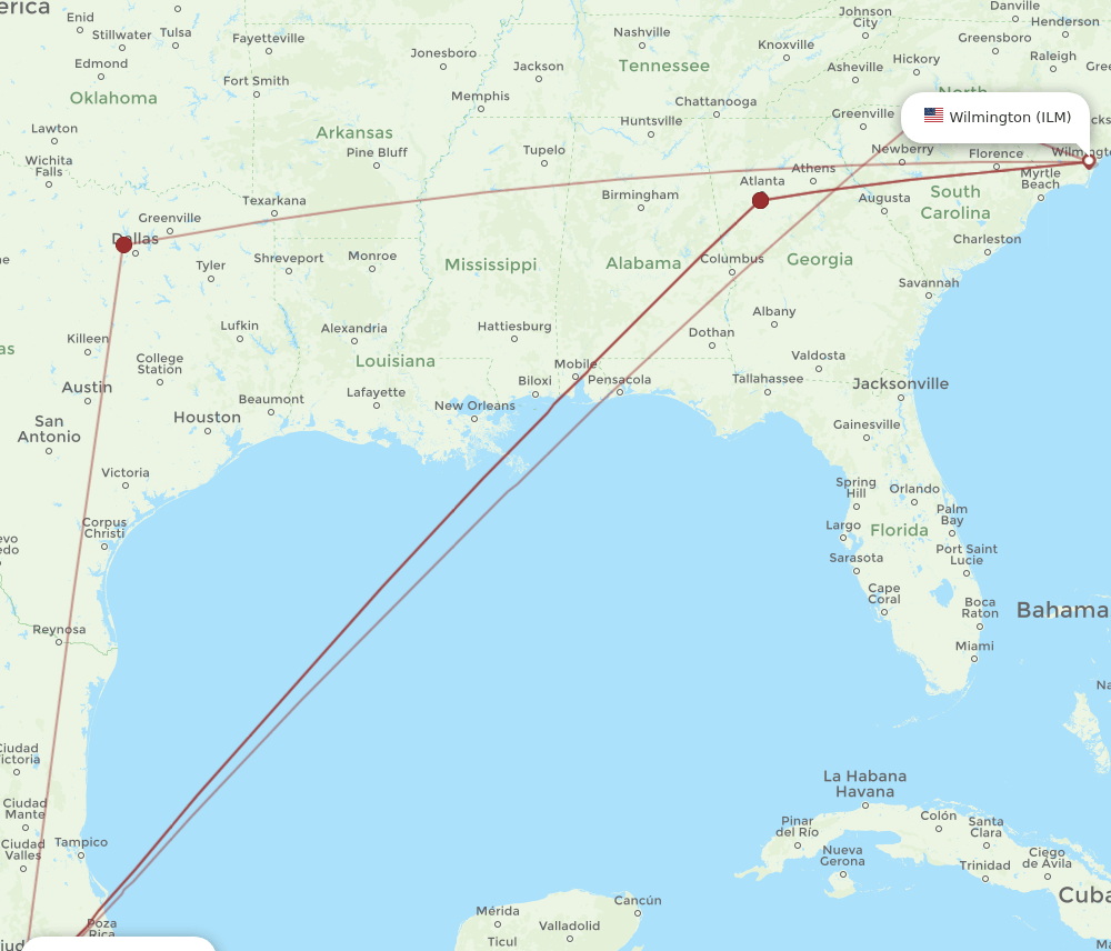 MEX to ILM flights and routes map