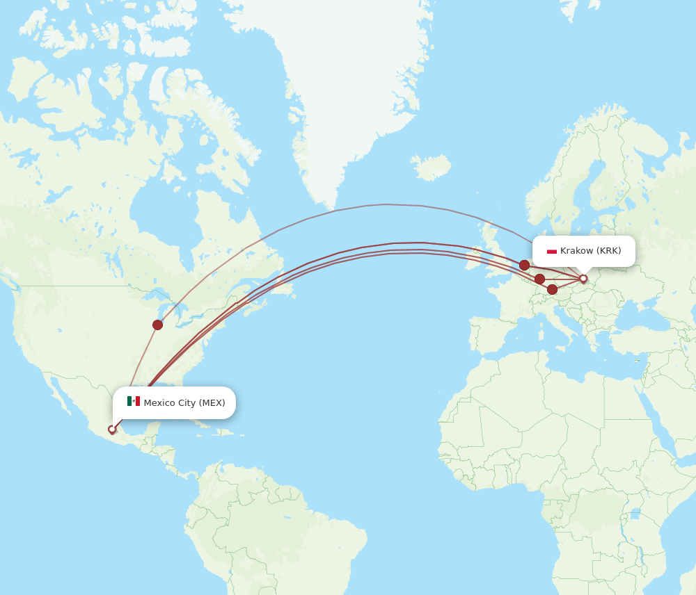 MEX to KRK flights and routes map