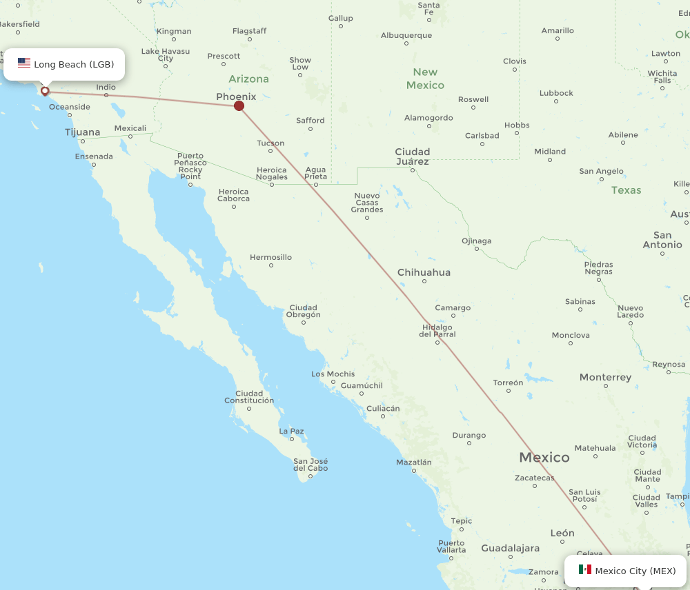 Mexico City - Long Beach route map and flight paths