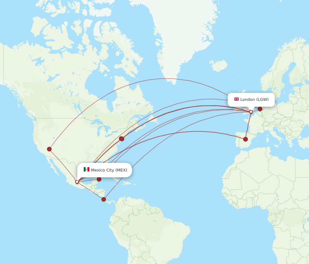 MEX to LGW flights and routes map