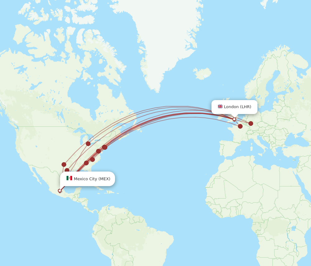 MEX to LHR flights and routes map