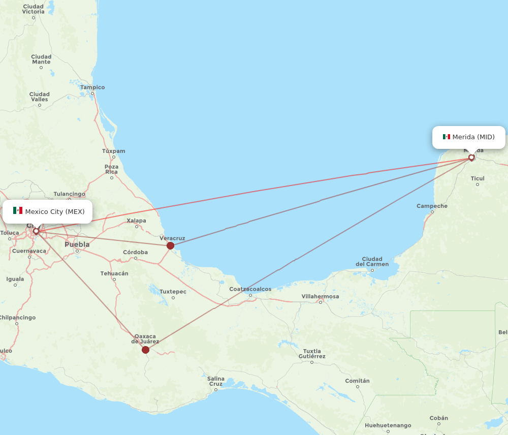 Mexico City - Merida route map and flight paths