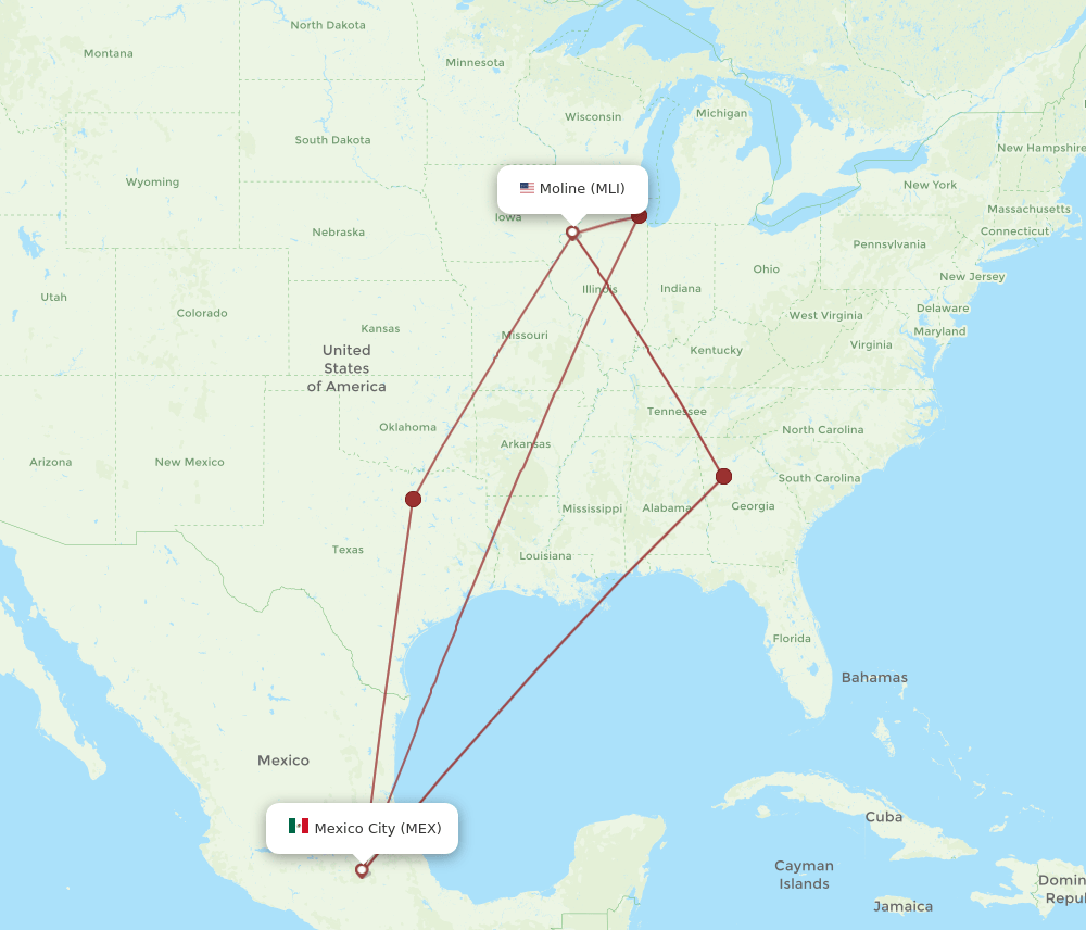 MEX to MLI flights and routes map
