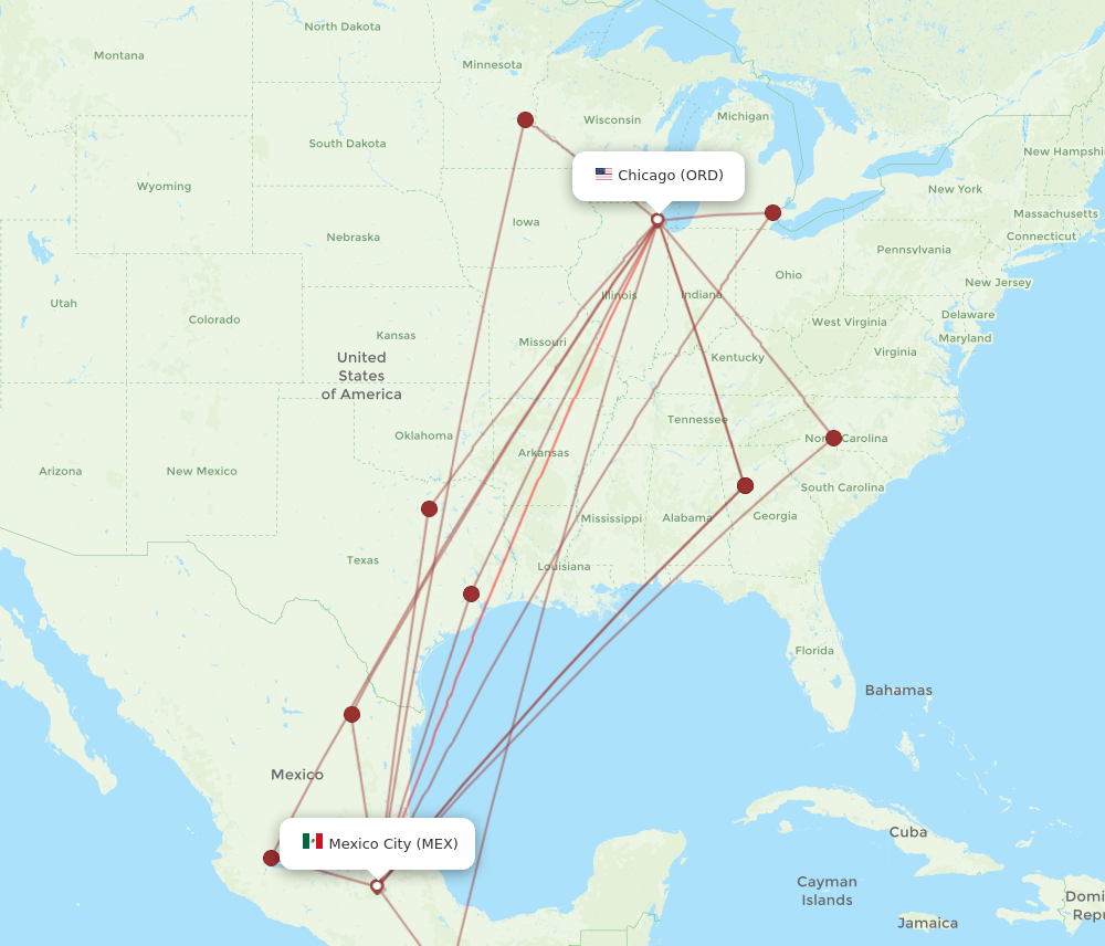 MEX to ORD flights and routes map
