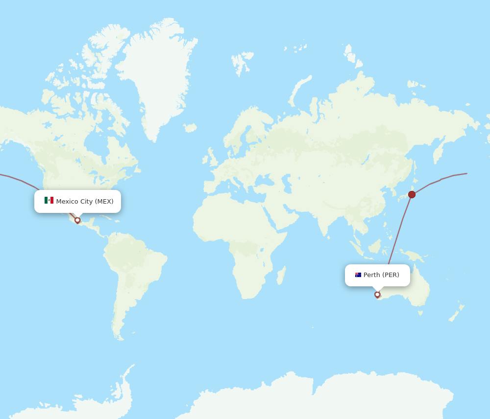 Perth - Mexico City route map and flight paths