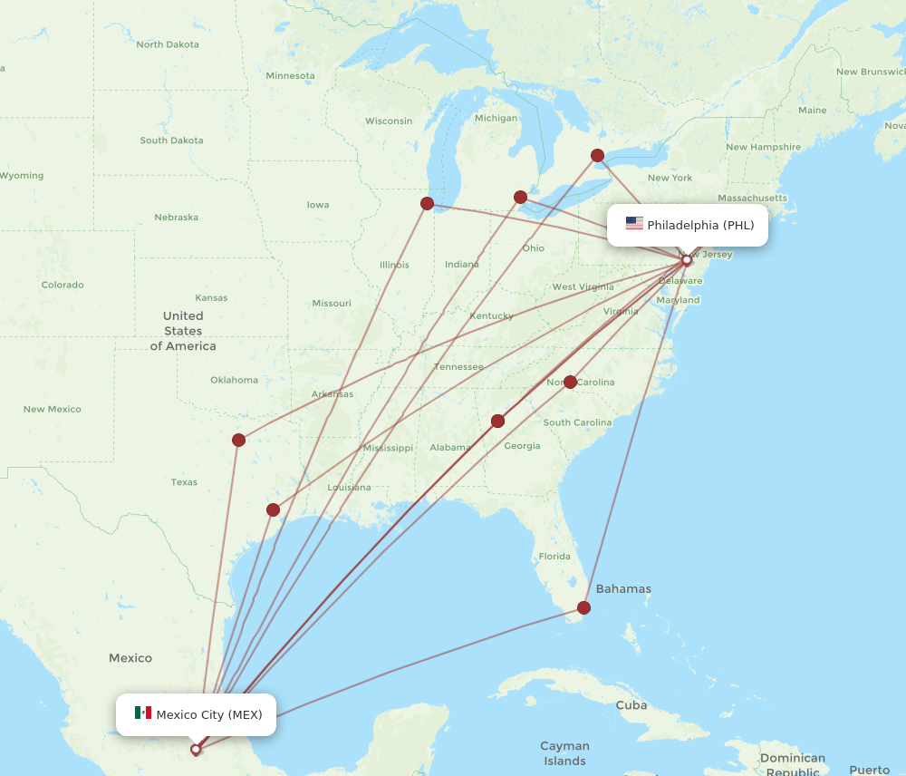 MEX to PHL flights and routes map