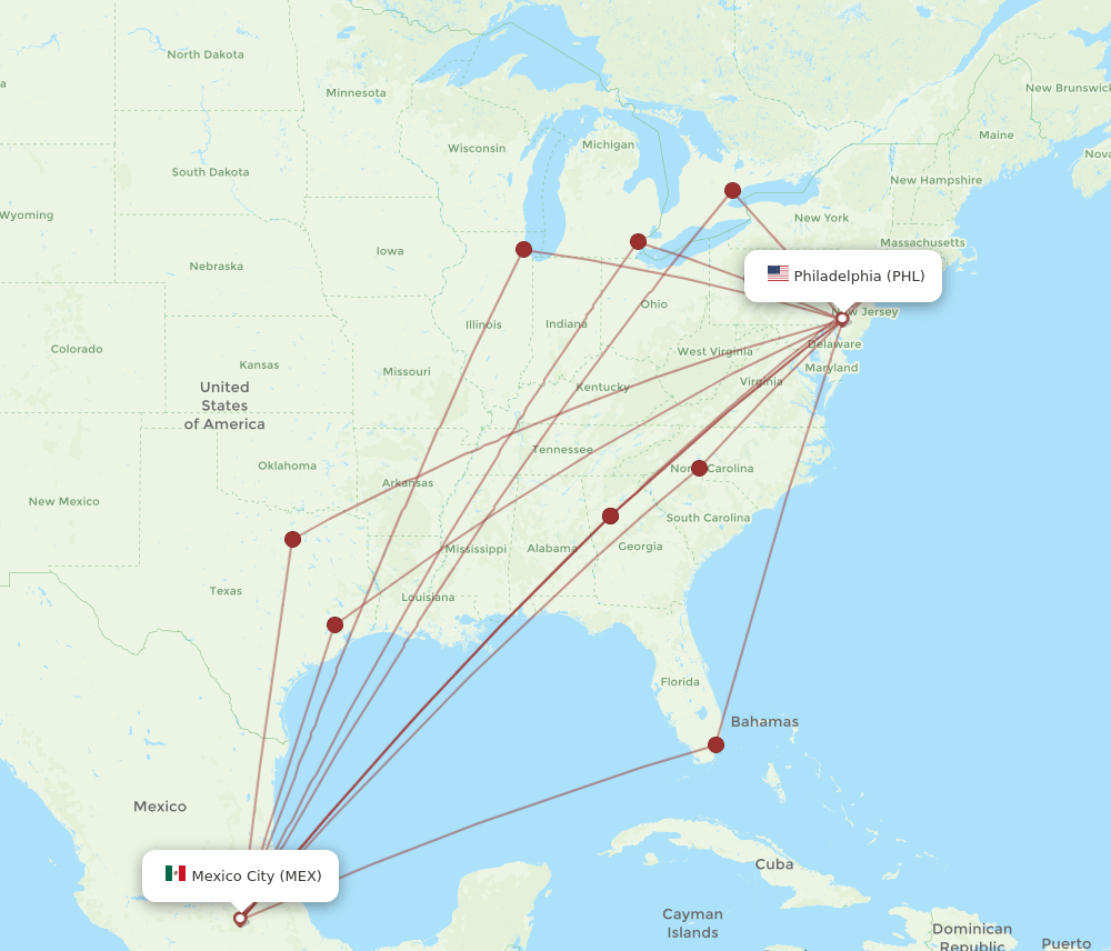 MEX-PHL flight routes