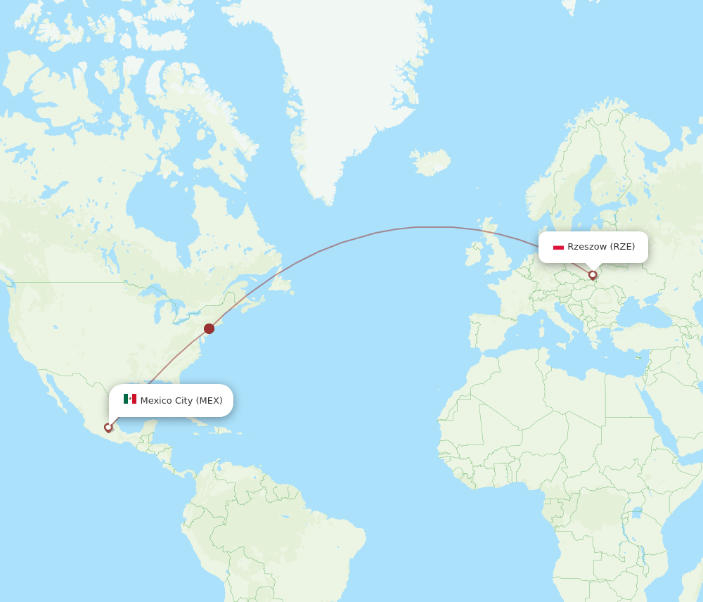 Rzeszow - Mexico City route map and flight paths