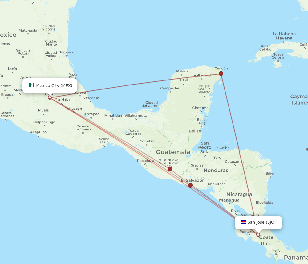 MEX to SJO flights and routes map