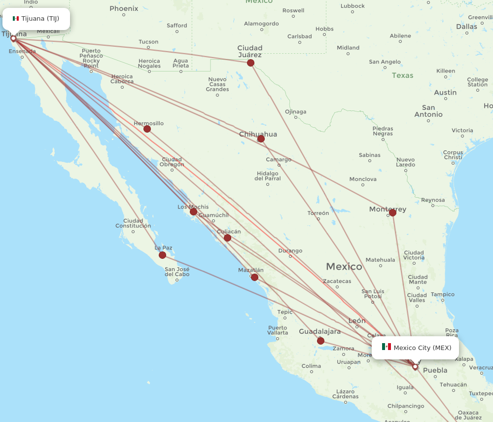 MEX to TIJ flights and routes map