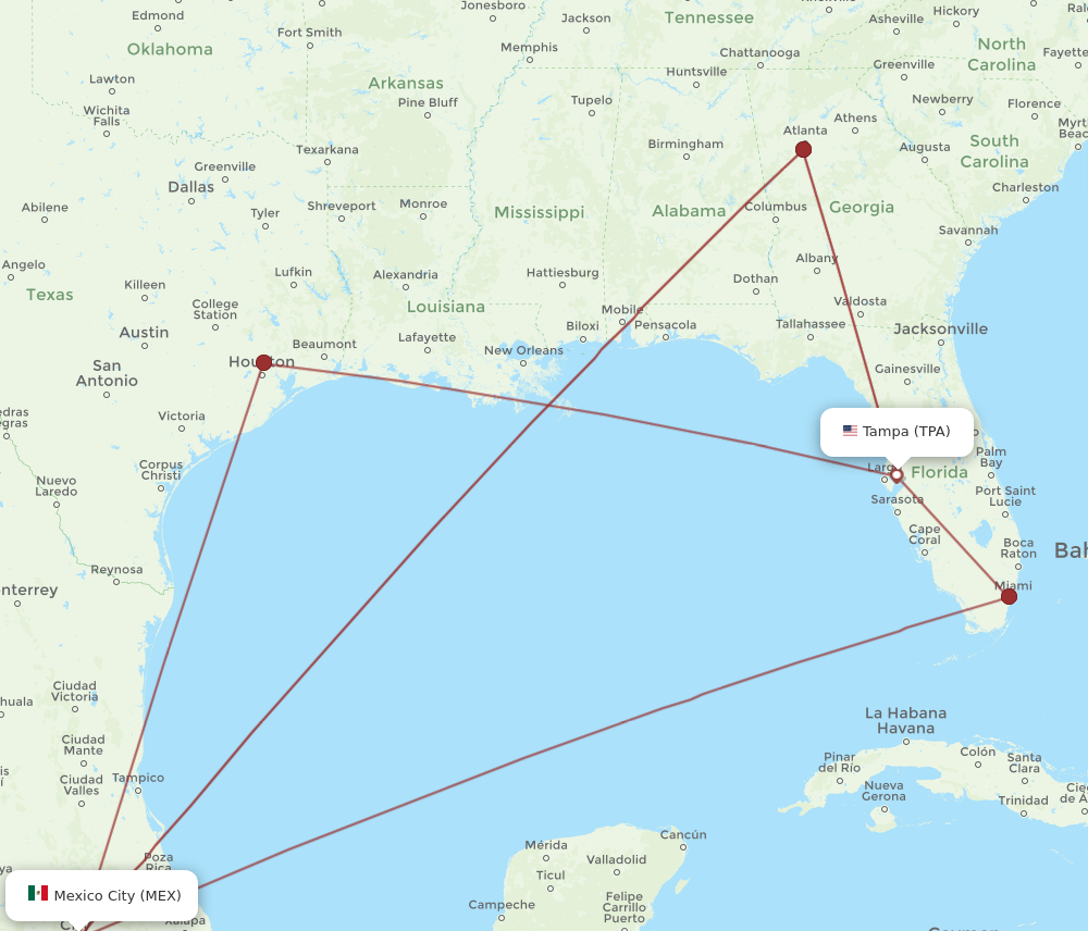 MEX to TPA flights and routes map