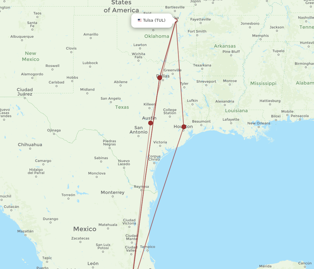MEX to TUL flights and routes map