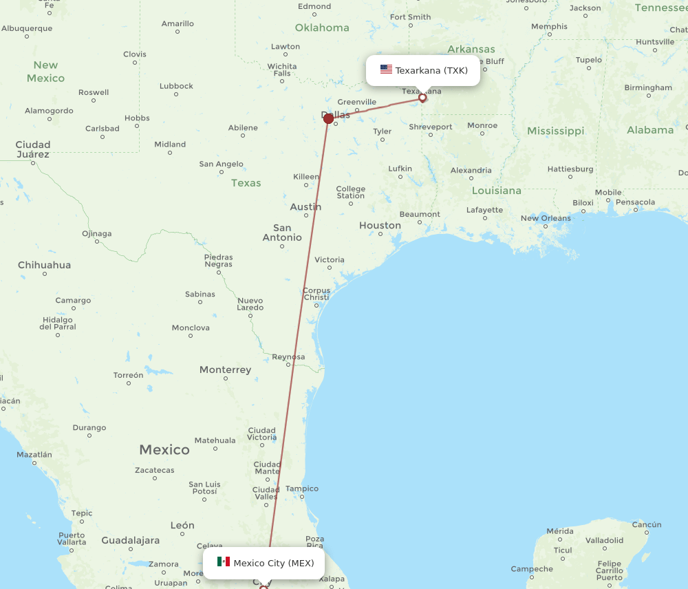 MEX-TXK flight routes