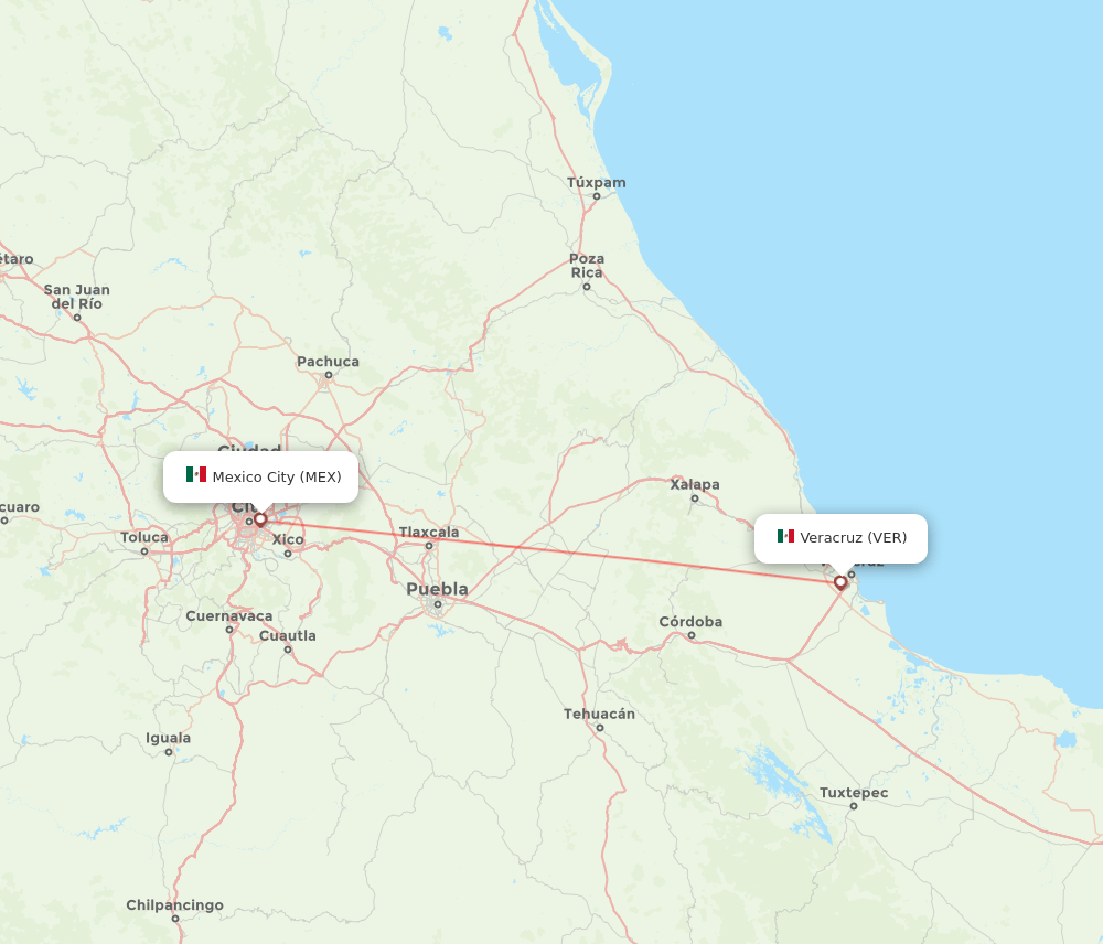 Mexico City - Veracruz route map and flight paths
