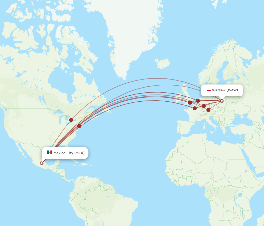 MEX to WAW flights and routes map