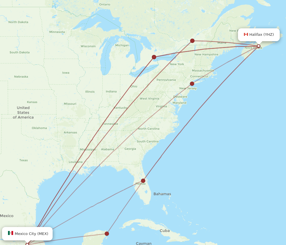 MEX to YHZ flights and routes map
