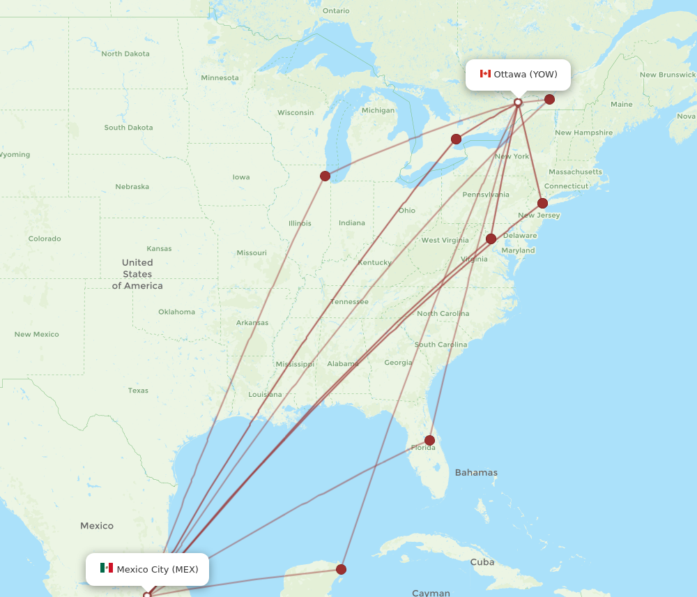 MEX to YOW flights and routes map