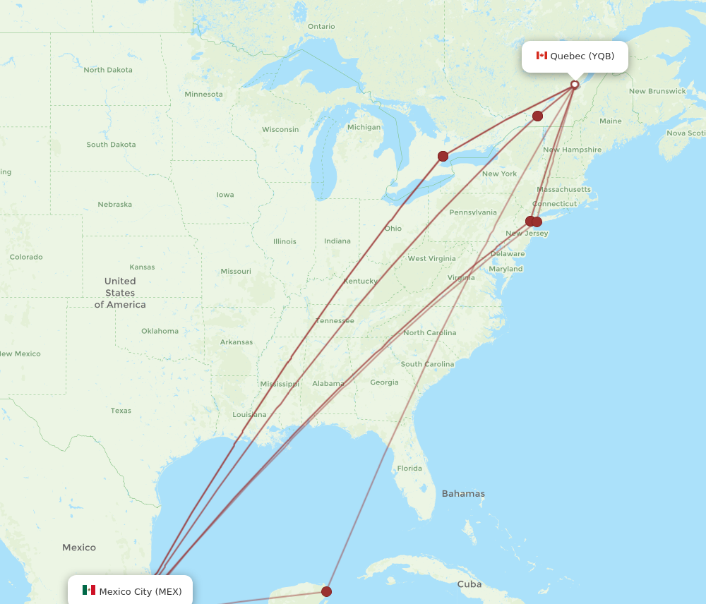 MEX to YQB flights and routes map