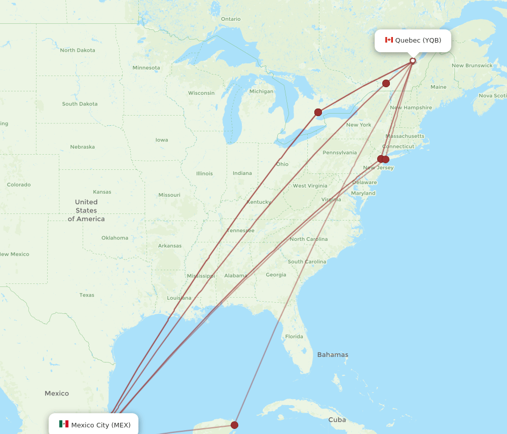 MEX to YQB flights and routes map