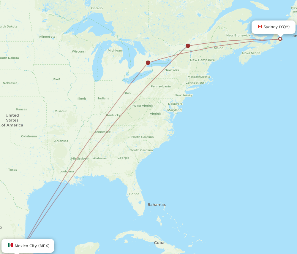MEX to YQY flights and routes map