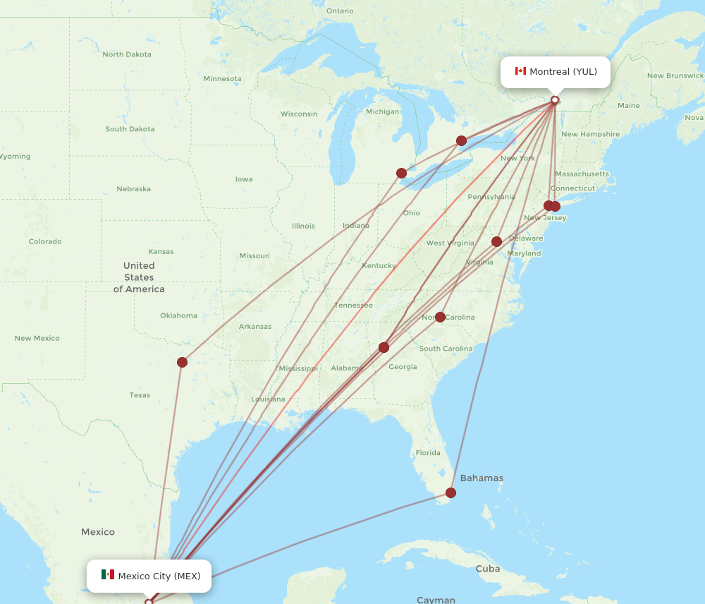 MEX to YUL flights and routes map