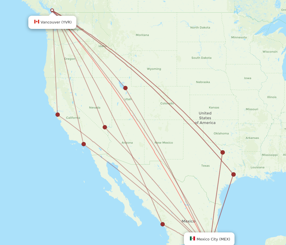 MEX to YVR flights and routes map