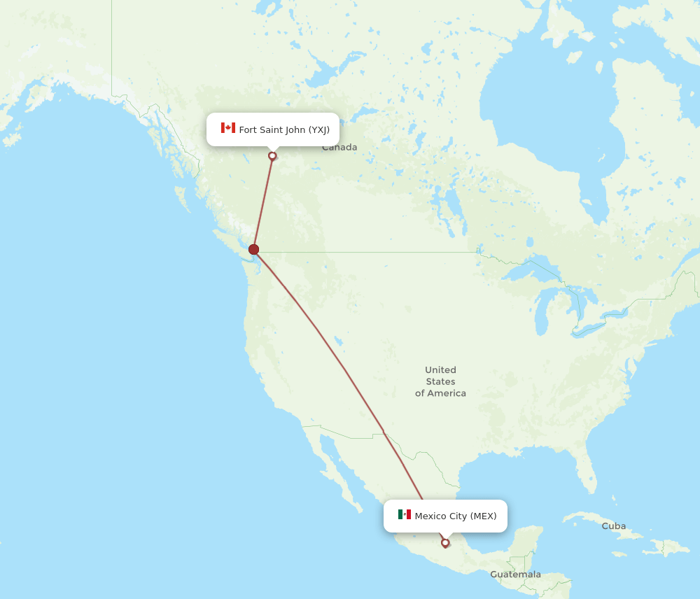 Fort St. John - Mexico City route map and flight paths