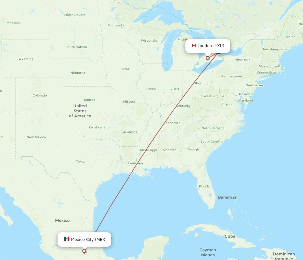 London - Mexico City route map and flight paths