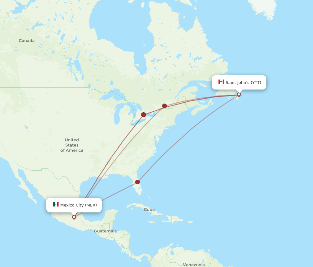 YYT to MEX flights and routes map